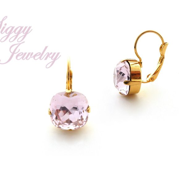 Light Rose Solitaire Cushion Cut Drop Crystal Earrings, Assorted Finishes - Picture 3 of 6